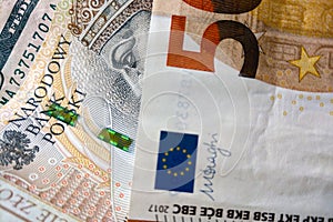 Euro, Polish zloty, dollar banknotes. Money background. Concept of economy and banking system.