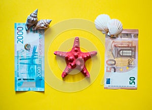 Euro and ruble with red and white seashells on yellow backgrong