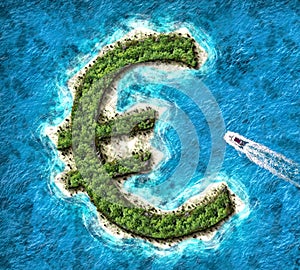 Euro shaped island. Tax haven concept for offshore bank accounts