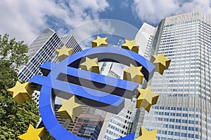 Euro sign at European Central Bank headquarters, in Frankfurt, Germany, is the financial capital of european union. Business,