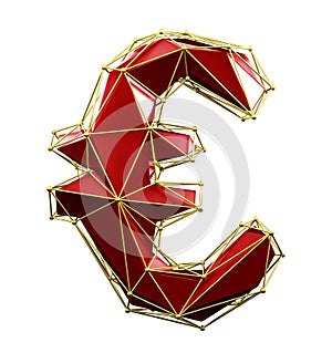 Euro sign made in low poly style red color isolated on white background.