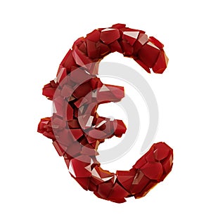 Euro sign made of plastic shards red color isolated on white background. 3d