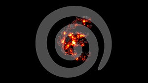 euro sign made of very hot magmatic rocks on black, isolated - object 3D rendering