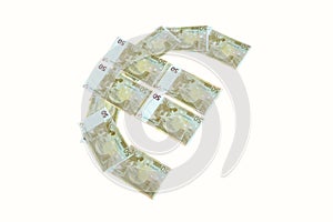 Euro sign symbol made of banknotes greenback paper money
