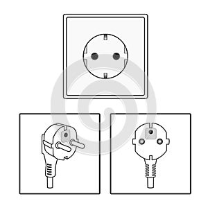 Euro socket and plug. Icon set. Two 2 pin socket sheme isolated vector graphic illustration. simple diagram electrical appliance
