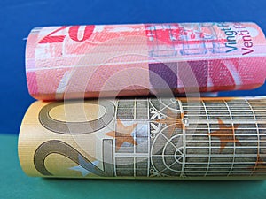 Euro and Swiss franc banknotes