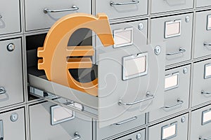 Euro symbol in filing cabinet, 3D rendering