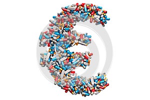 Euro symbol from medicine pills, capsules, tablets. 3D rendering photo