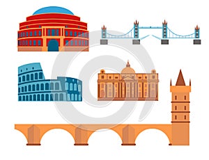 Euro trip tourism travel design famous building and euro adventure international vector illustration.