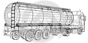 Euro Truck, Oil trailer. Gasoline tanker. Created illustration of 3d. Wire-frame.