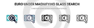 Euro under magnifying glass search icon in filled, thin line, outline and stroke style. Vector illustration of two colored and