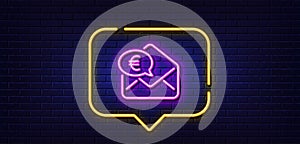 Euro via mail line icon. Send or receive money sign. Neon light speech bubble. Vector