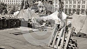 Euromaidan, gas masks hanging on wooden pallets. isolated photo