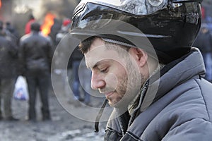 Euromaidan protester on the barricades in the center of Kyiv