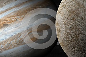 Europa satellite and Jupiter planet in rotation in the outer space