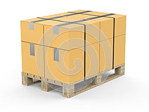 Europallet with packed boxes tied with ribbon. Packing on a wooden pallet. 3d illustration.