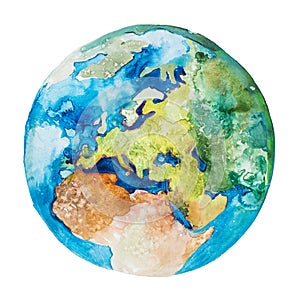 Europe and Africa on the globe. Earth planet. Watercolor.