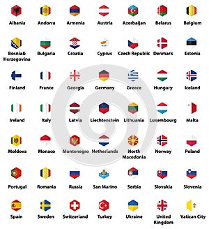 Europe all countries` flags. Hexagon isolated flat style design icons set