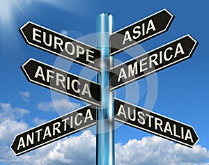 Europe Asia America Africa Antartica Australia Signpost Showing photo