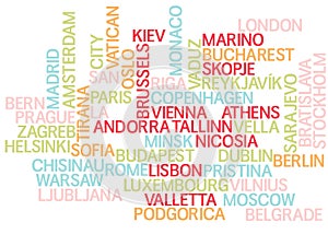 Europe, capitals of countries and other cities words cloud background