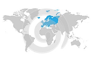 Europe continent blue marked in grey silhouette of World map. Simple flat vector illustration