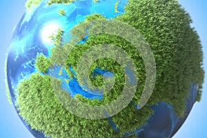 Europe continent covered with green grass on the globe. Ecological sustainable technology related conceptual 3D