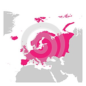 Europe continent pink marked in grey silhouette of World map. Simple flat vector illustration