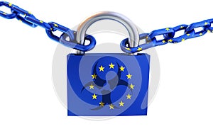 Europe eu flag padlock chain closed market and shops due to covid-19 coronavirus - 3d rendering