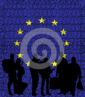 Europe (European Union) closing its borders due to migrant crisis and illegal immigrants. Vector conceptual illustration with bar