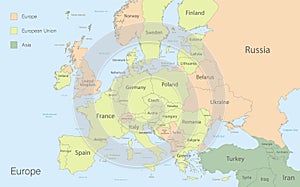 Europe with European Union and parts of Asia, classic color detailed map with states islands and sea with names