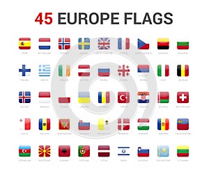 Europe flags of country. 45 flag rounded square icons