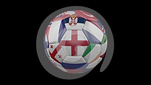 Europe flags on soccer ball rotating on transparent, 4k footage with alpha, loop 2