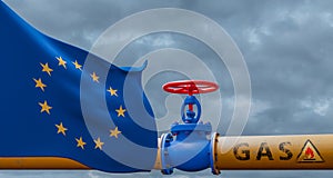 Europe gas, valve on the main gas pipeline EU, Pipeline with flags Europe, Pipes of gas from Europe Union, 3D work and 3D image