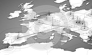 Europe grayscale map big data visualization. Futuristic map infographic. Information aesthetics. Visual data complexity.