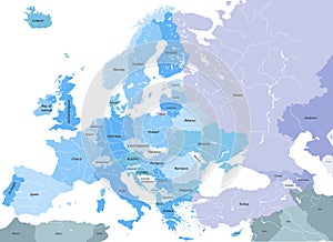 Europe high detailed vector political map with country names and main european rivers.