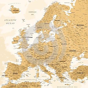 Europe - Highly Detailed Relief Topographic Vector Map of the Europe. Ideally for the Print Posters. Golden Spot Beige Retro Style