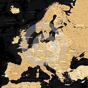 Europe - Highly Detailed Vector Map of the Europe. Ideally for the Print Posters. Black Golden Beige Retro Style