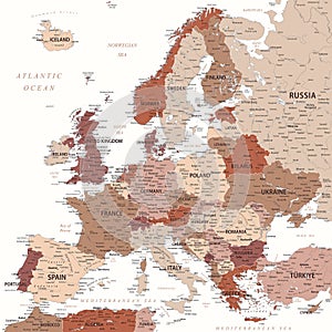 Europe - Highly Detailed Vector Map of the Europe. Ideally for the Print Posters. Brown Beige White Colors