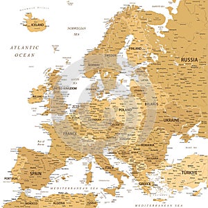 Europe - Highly Detailed Vector Map of the Europe. Ideally for the Print Posters. Golden Spot Beige Retro Style