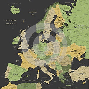 Europe - Highly Detailed Vector Map of the Europe. Ideally for the Print Posters. Green Black Yellow Golden Colors