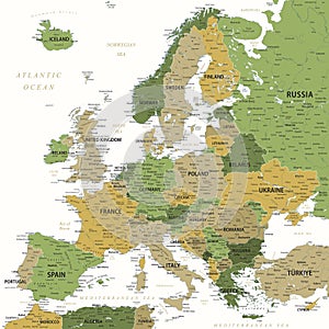 Europe - Highly Detailed Vector Map of the Europe. Ideally for the Print Posters. Green Yellow Golden Colors