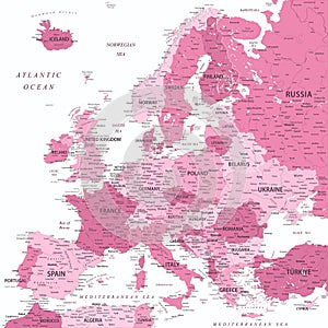Europe - Highly Detailed Vector Map of the Europe. Ideally for the Print Posters. Pink Rose White Colors