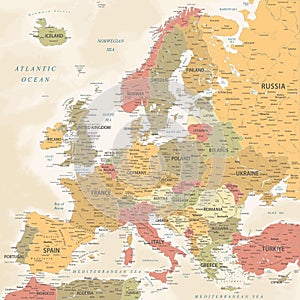 Europe - Highly Detailed Vector Map of the Europe. Ideally for the Print Posters. Vintage Warm Colors. Retro Style