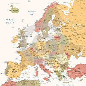 Europe - Highly Detailed Vector Map of the Europe. Ideally for the Print Posters. Vintage Warm Colors. Retro Style