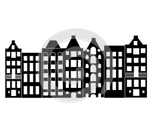Europe house or apartments. Set of cute architecture in Netherlands.  old houses Amsterdam silhouette
