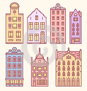 Europe house or apartments Set of Doodle sketch. Cute architecture in Netherlands. Cozy homes for Banner or poster