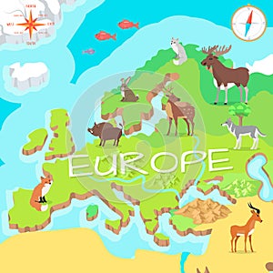 Europe Isometric Map with Flora and Fauna. Vector