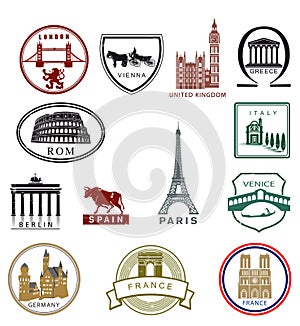 Europe landmarks, travel destinations coat of arms