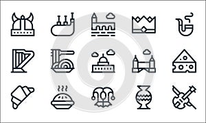 europe line icons. linear set. quality vector line set such as violin, jester, french, vase, apple pie, harp, tower bridge, crown