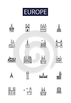 Europe line vector icons and signs. continent, Countries, Geography, Map, European, Travel, Historic, Culture outline